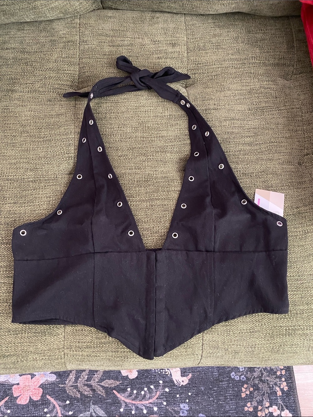 Black Halter Crop Top with Eyelet Detail